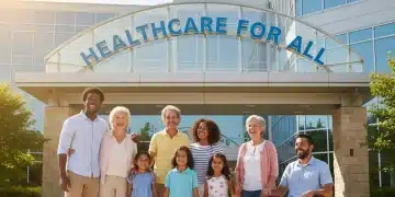 Diverse group smiling in front of a modern healthcare facility, symbolizing accessible healthcare.