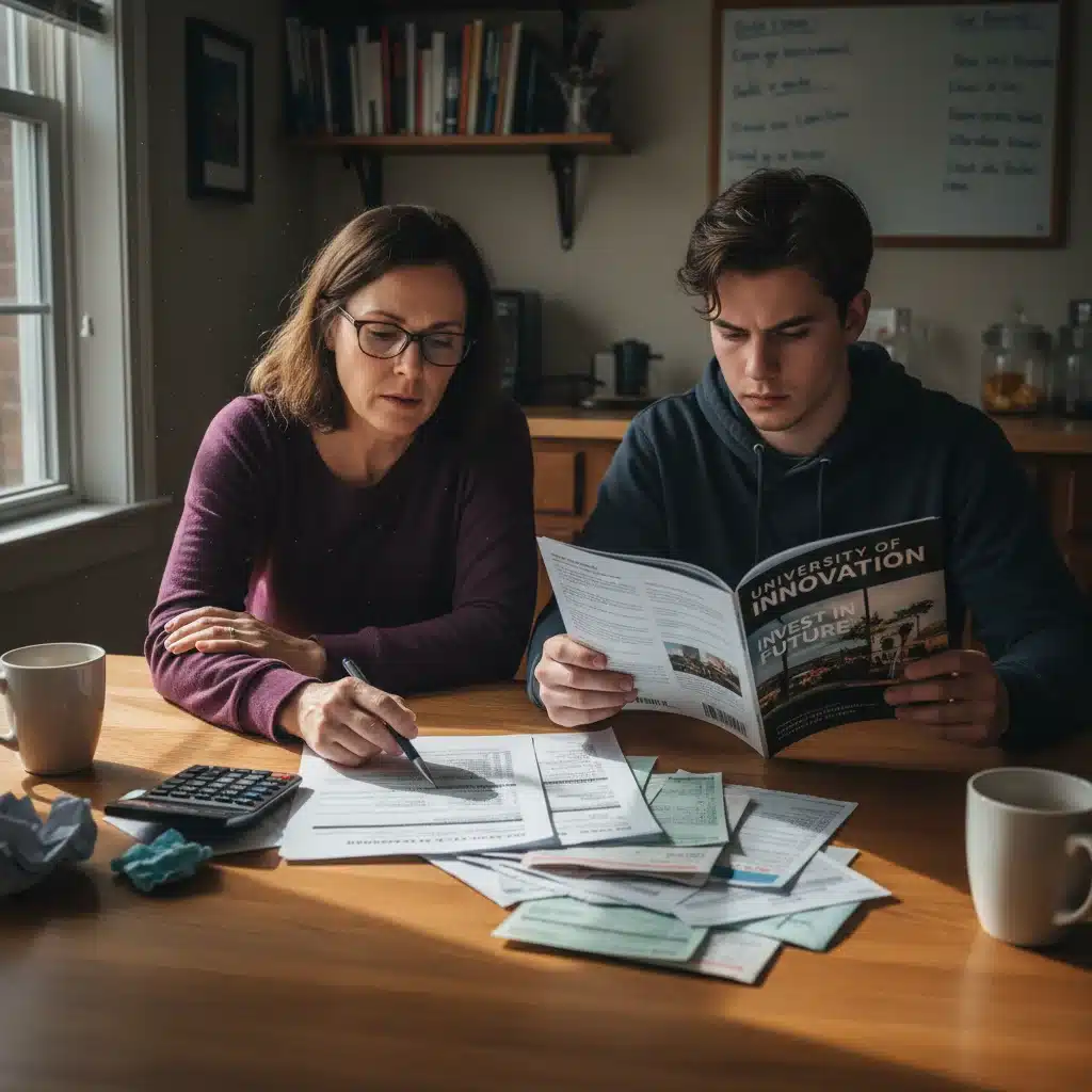 Parent and student discussing college finances at kitchen table