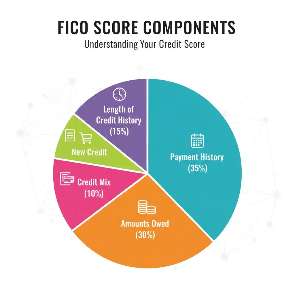 Infographic detailing FICO score components: payment history, amounts owed, credit history length, new credit, credit mix