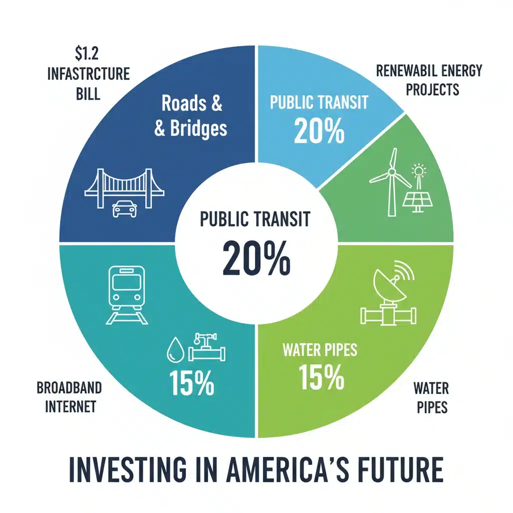 Infographic detailing the allocation of the .2 trillion 2026 Infrastructure Bill across various sectors like roads, transit, and broadband.