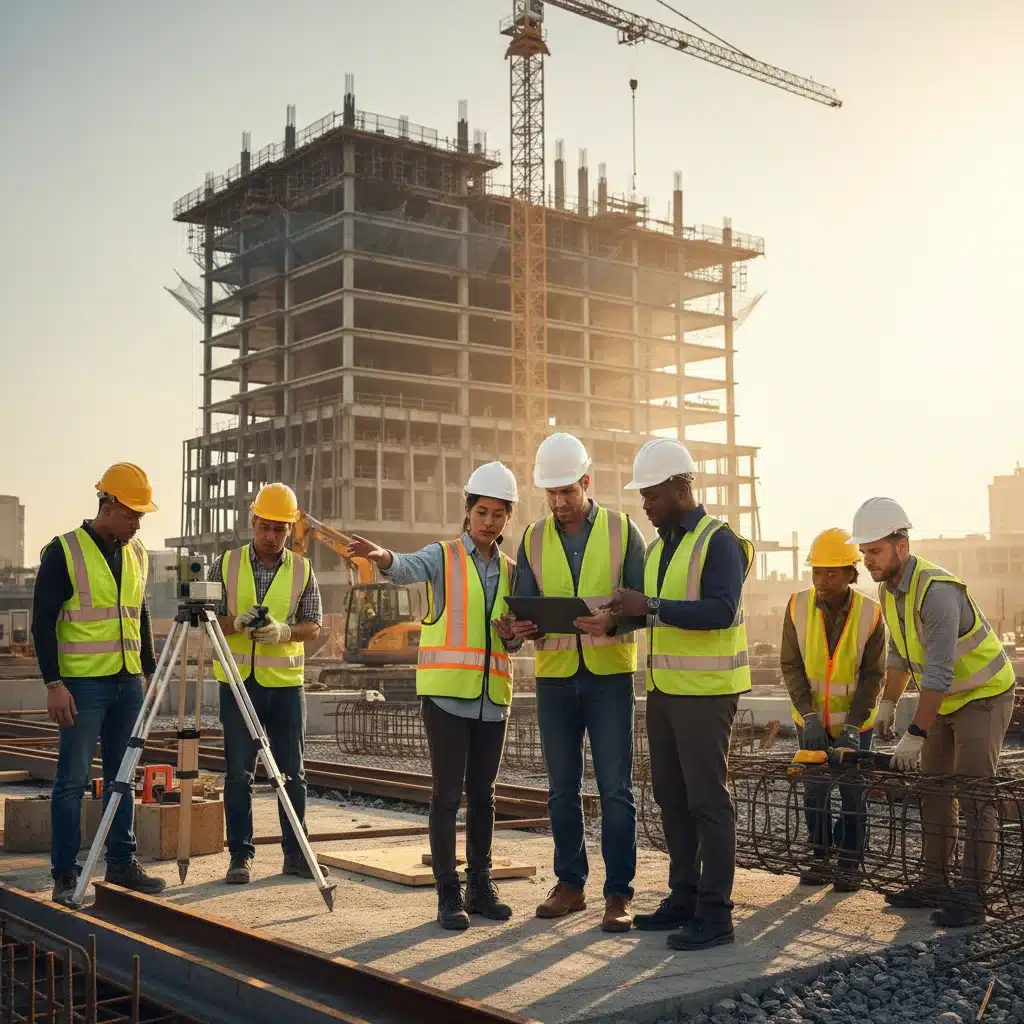 Diverse workforce collaborating on a construction site, representing job creation from the new infrastructure bill.