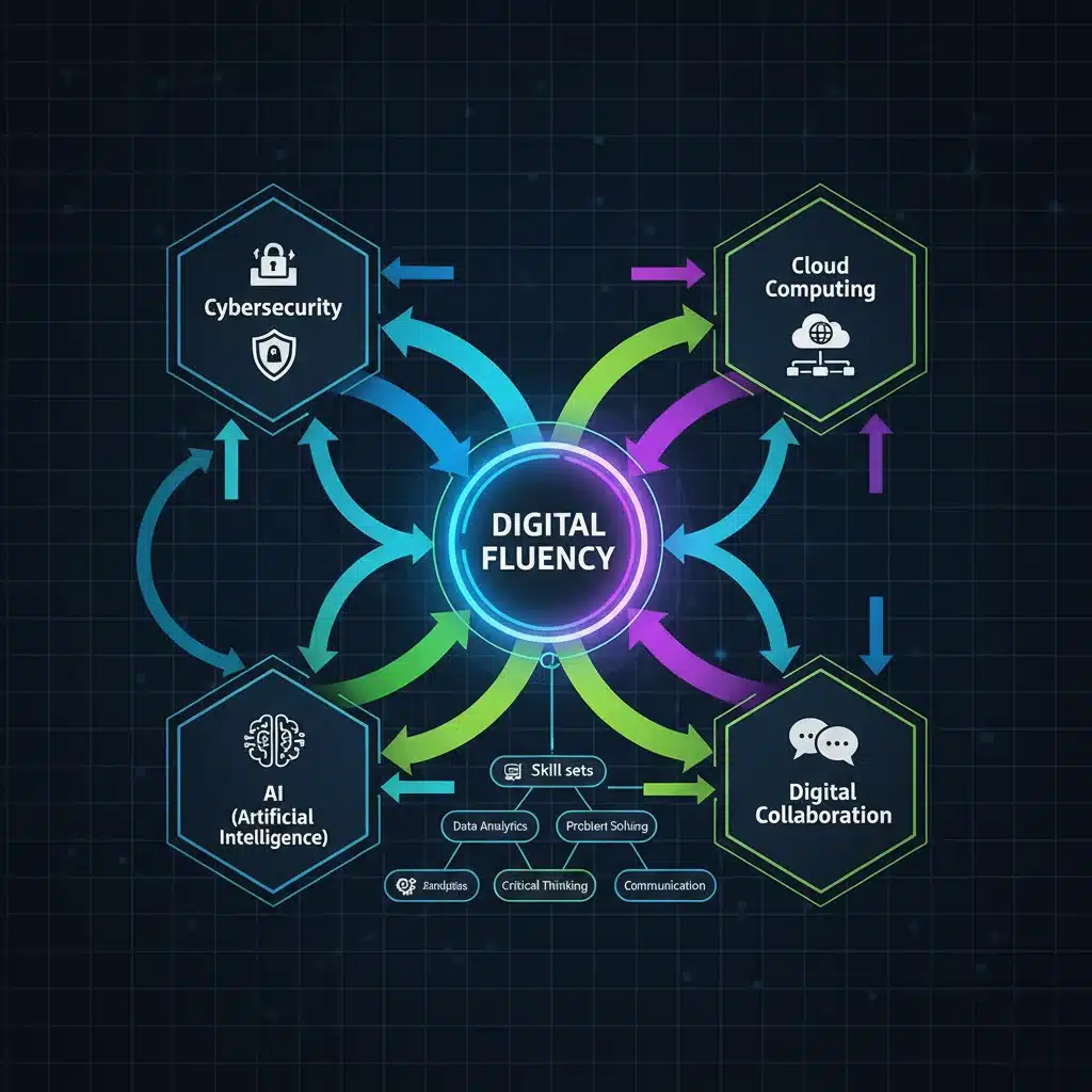 Infographic showing interconnected digital literacy skills: cybersecurity, cloud, AI, and collaboration.