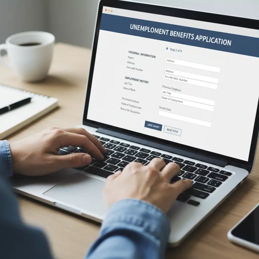 Hands typing on laptop, filling out online unemployment application form