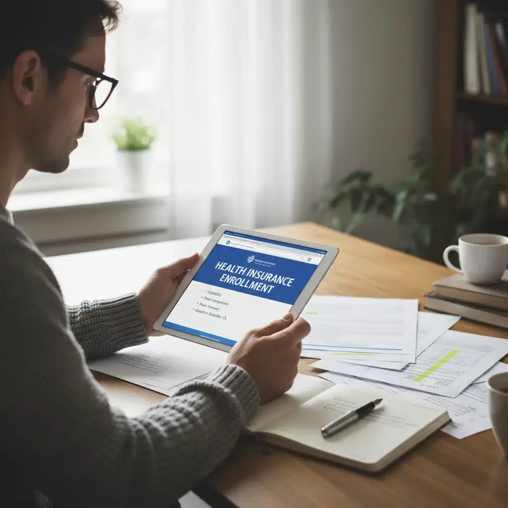 Person reviewing health insurance enrollment information on a tablet.