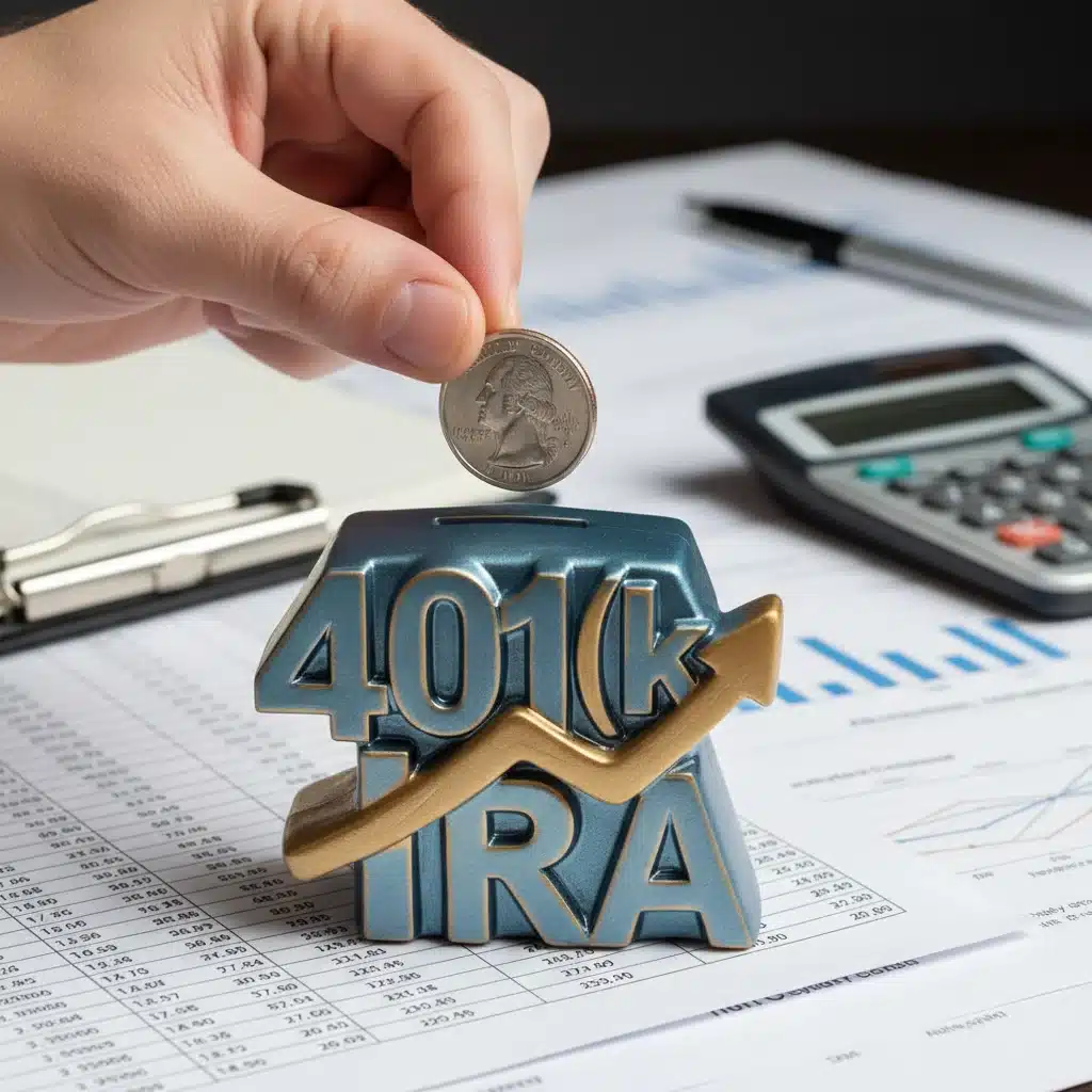Hand placing coin into 401(k) IRA piggy bank, symbolizing retirement savings