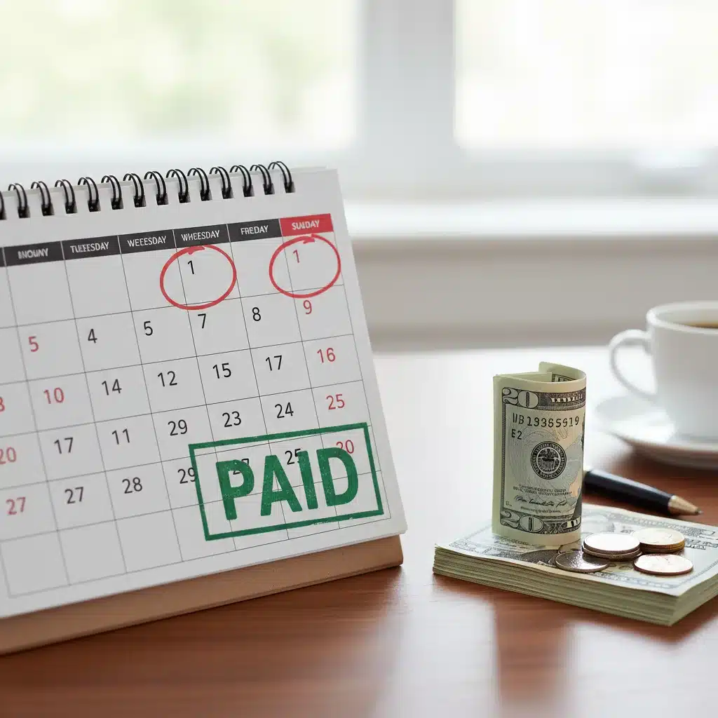 Calendar highlighting three weeks to first unemployment payment with financial symbols