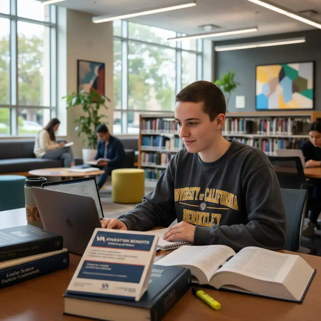 Veteran studying in a library, utilizing education benefits