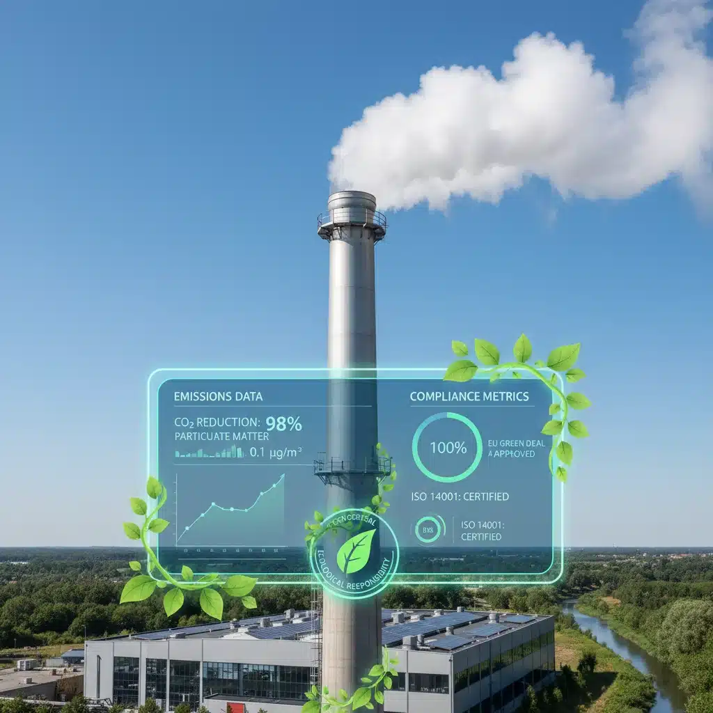 Modern factory with clean emissions and digital monitoring systems for environmental compliance.