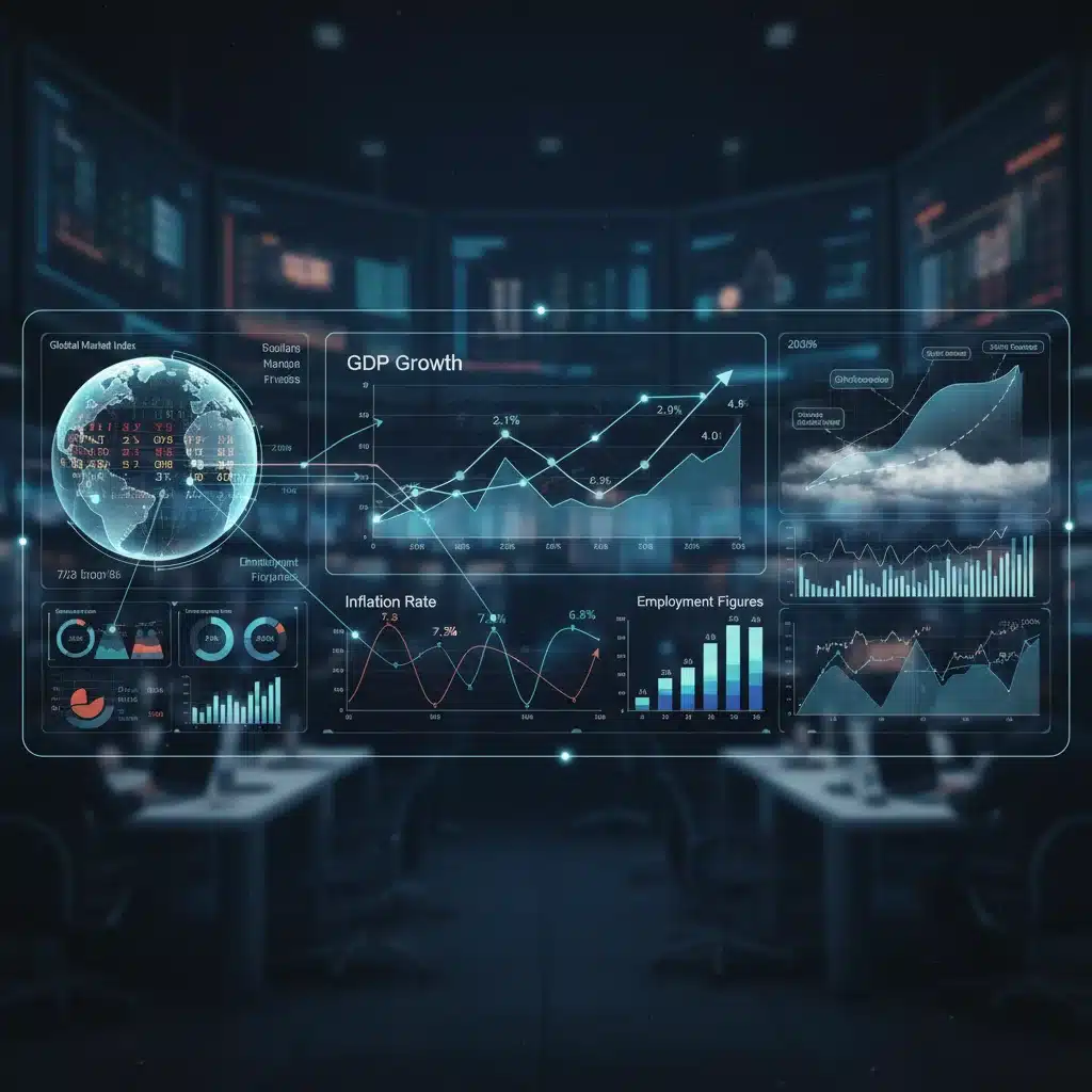 Economic indicators and forecasting charts showing GDP, inflation, and employment projections for the post-2026 midterm period.