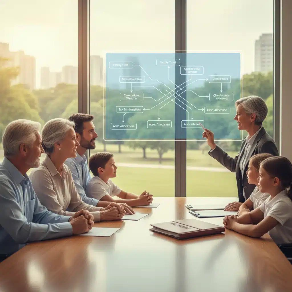 Family discussing estate planning and wealth transfer with a financial advisor
