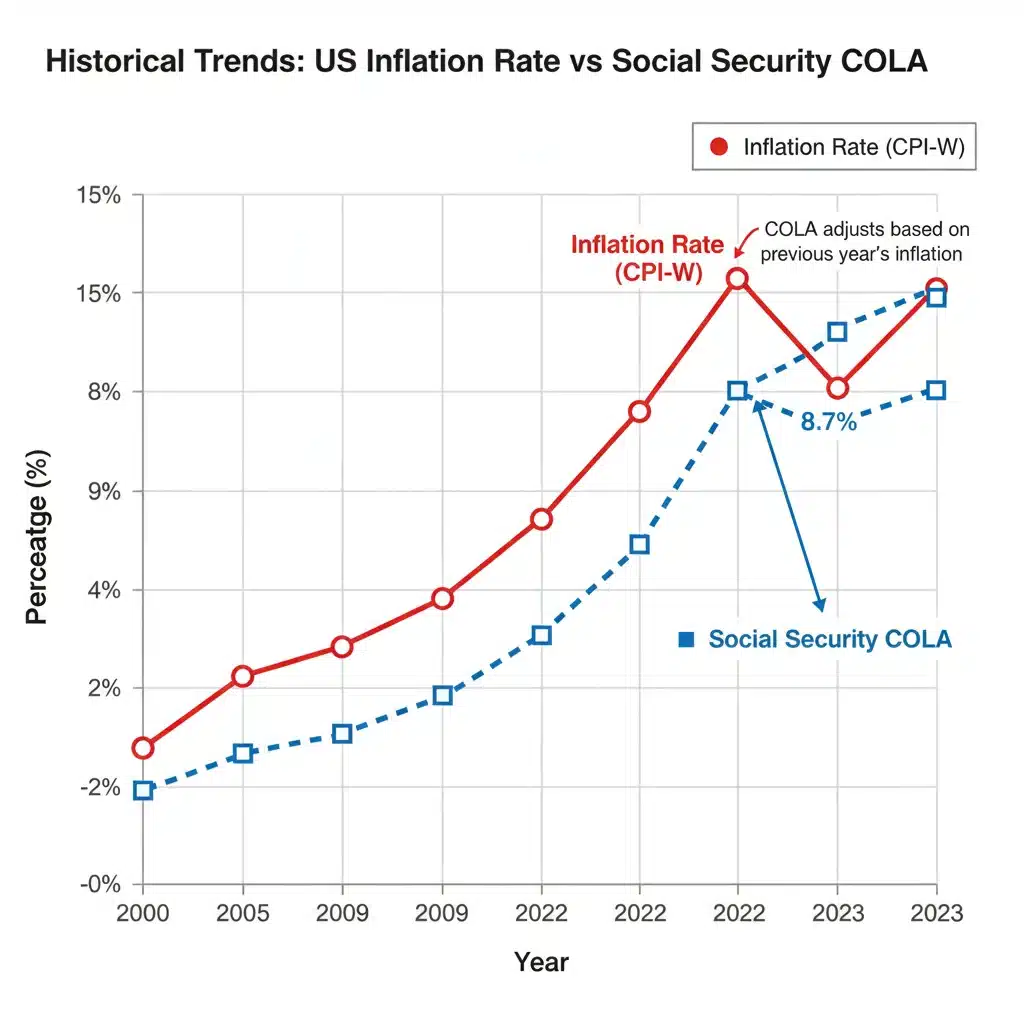 Graph showing historical inflation and Social Security COLA trends