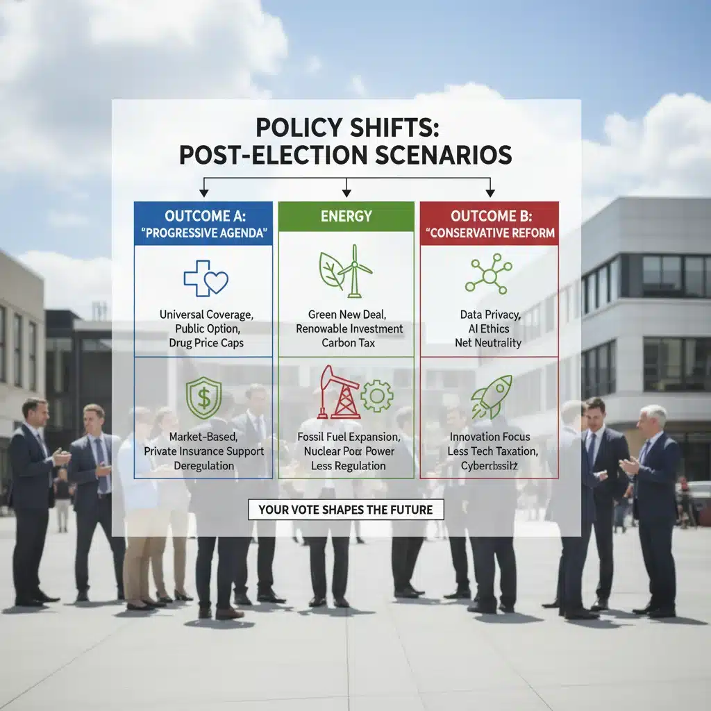 Infographic illustrating potential policy shifts in healthcare, energy, and technology after the 2026 Midterm Elections.
