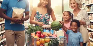 Family happily grocery shopping with full cart, symbolizing maximized SNAP benefits in 2026