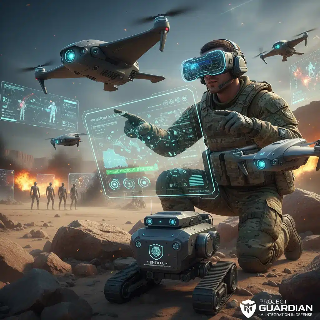 Advanced AI and autonomous systems in modern military operations.