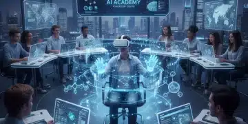 Students engaged in AI-powered personalized learning with holographic interfaces