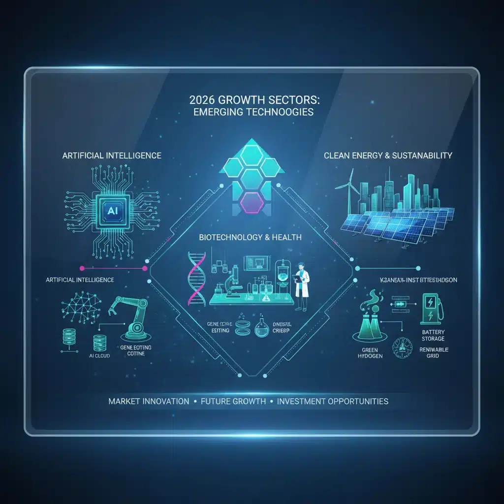 Infographic depicting key growth sectors: AI, biotechnology, and renewable energy.
