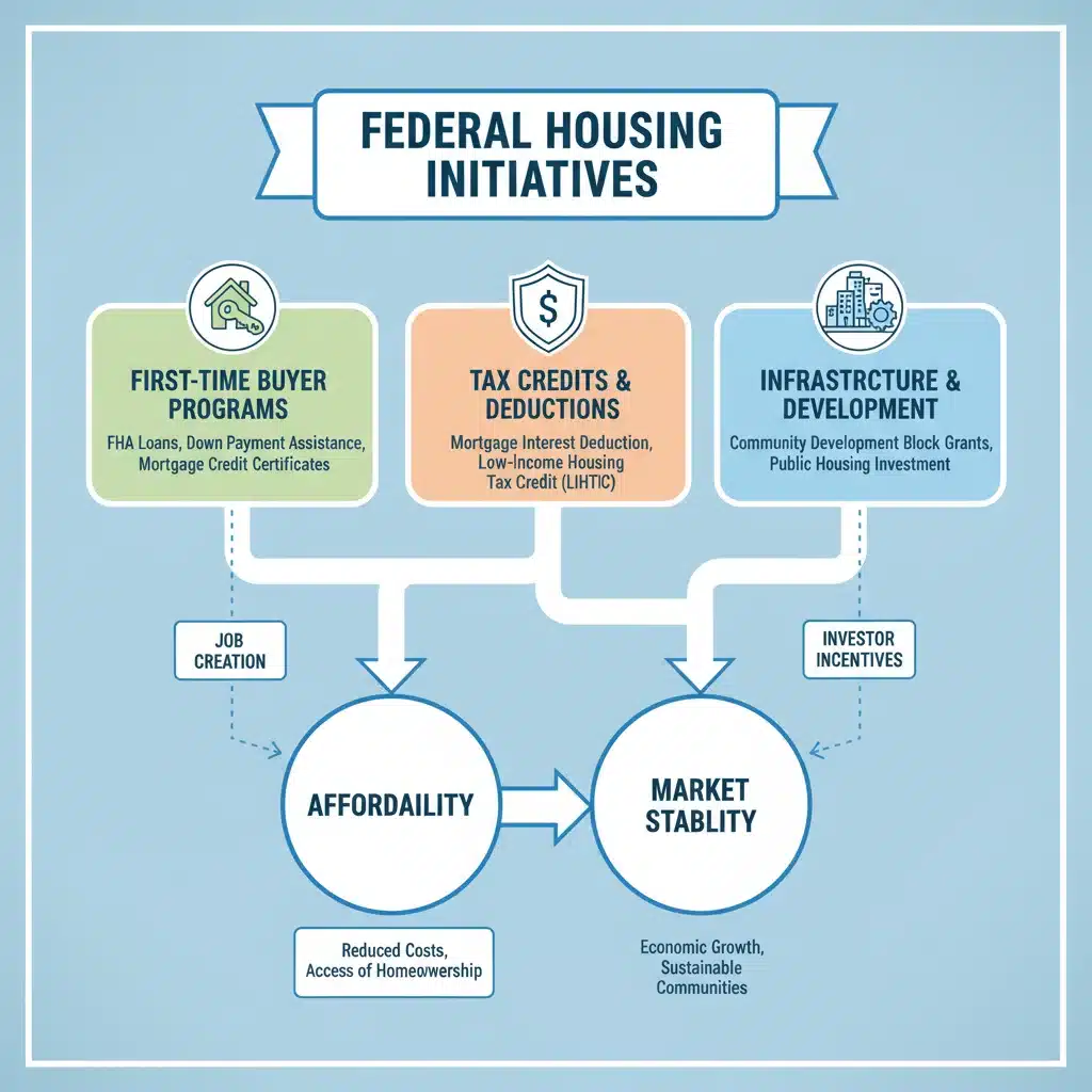 Infographic detailing federal housing initiatives for affordability and market stability.