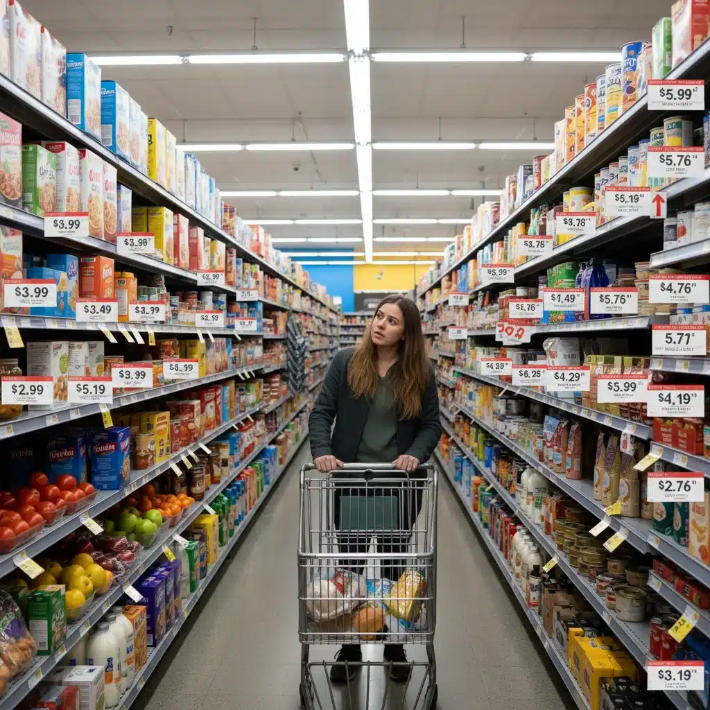 Grocery store aisle with food products and price tags, illustrating potential food price increases.