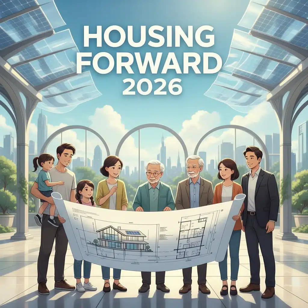 Diverse group optimistically viewing new home blueprint, symbolizing housing accessibility.