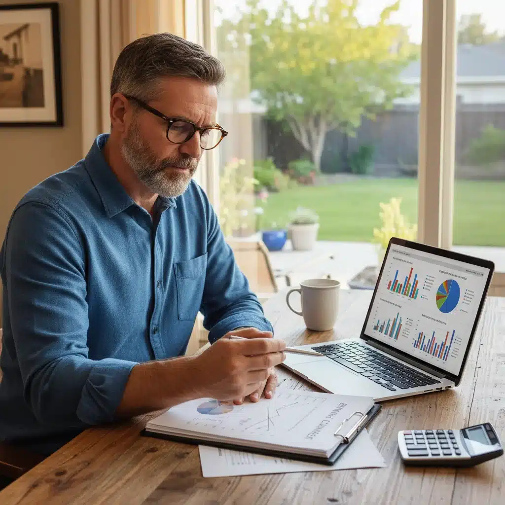 Homeowner carefully reviewing mortgage refinance documents and financial data.