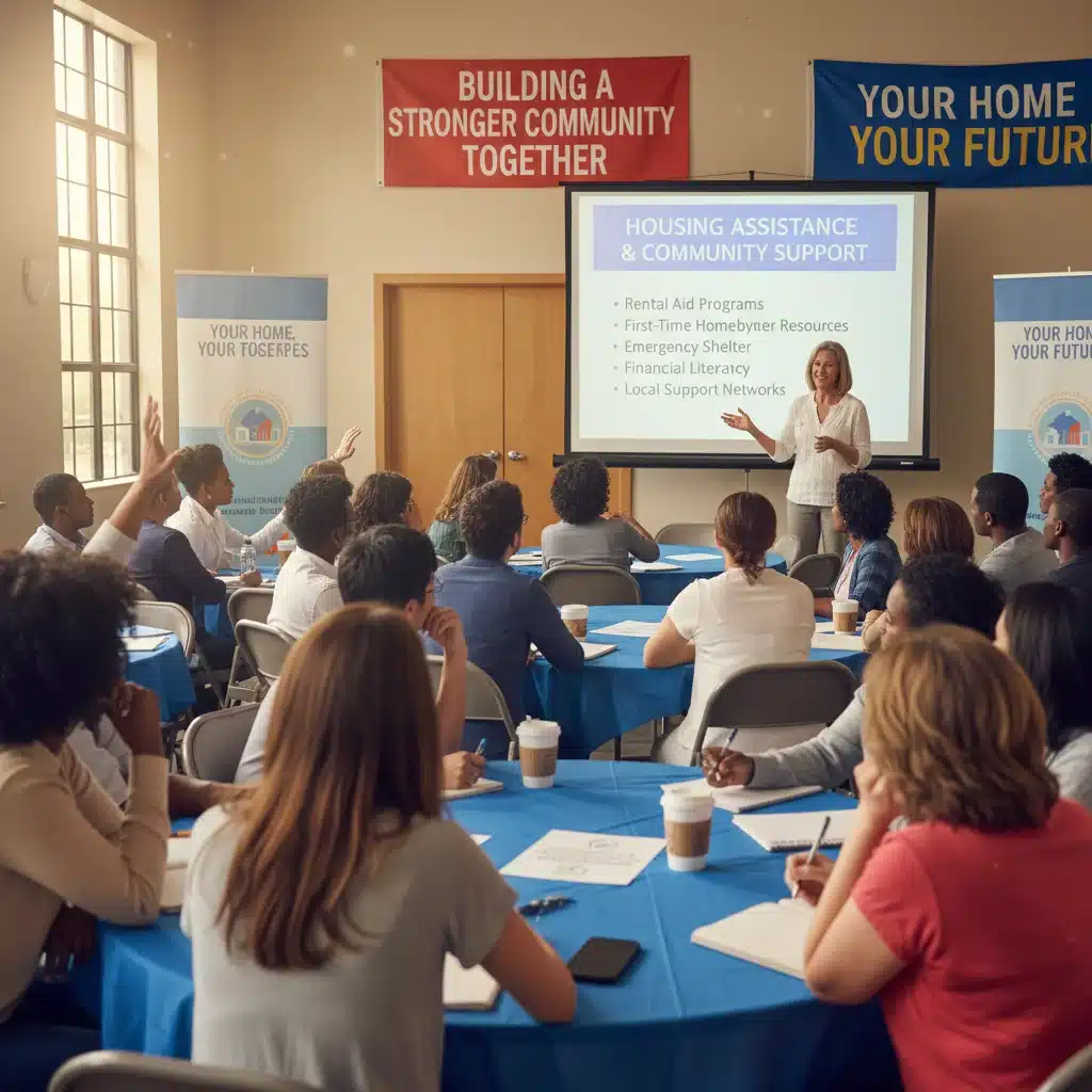 Diverse group of people attending a community workshop on housing assistance programs.