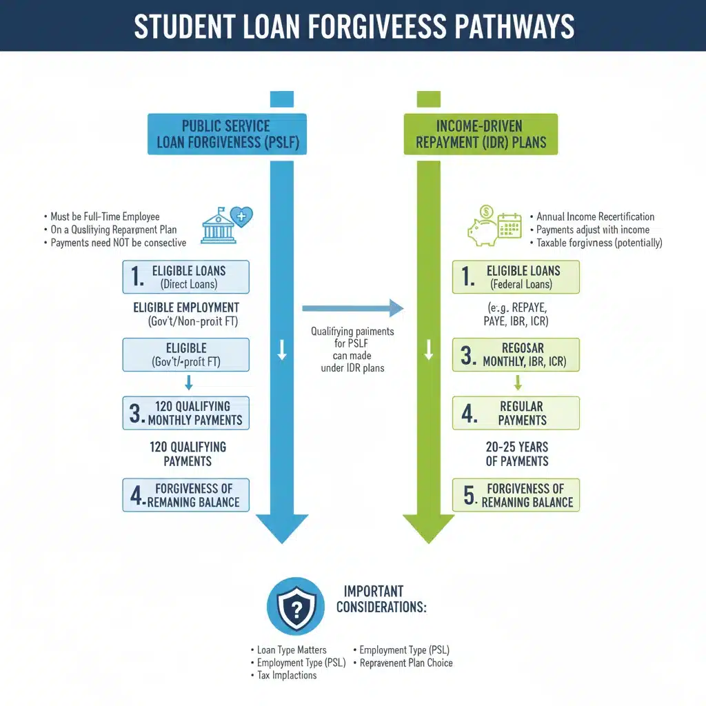 Infographic detailing various student loan forgiveness pathways and requirements.