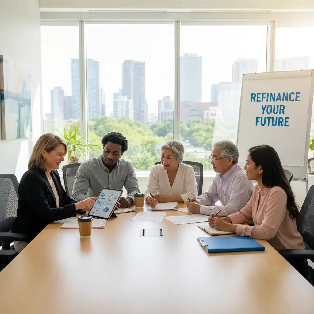 Diverse group consulting a mortgage advisor about refinancing strategies.