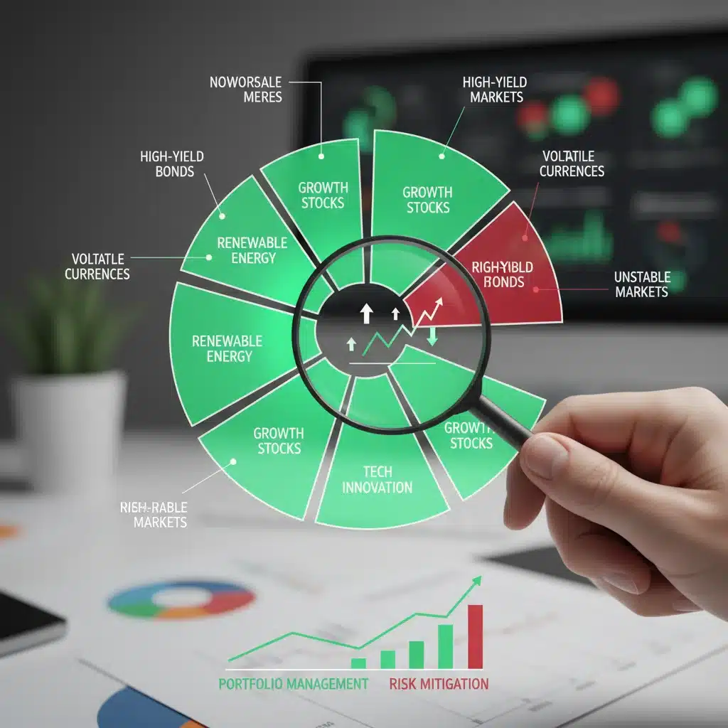 Magnifying glass over a diverse investment portfolio, illustrating risk mitigation and growth.