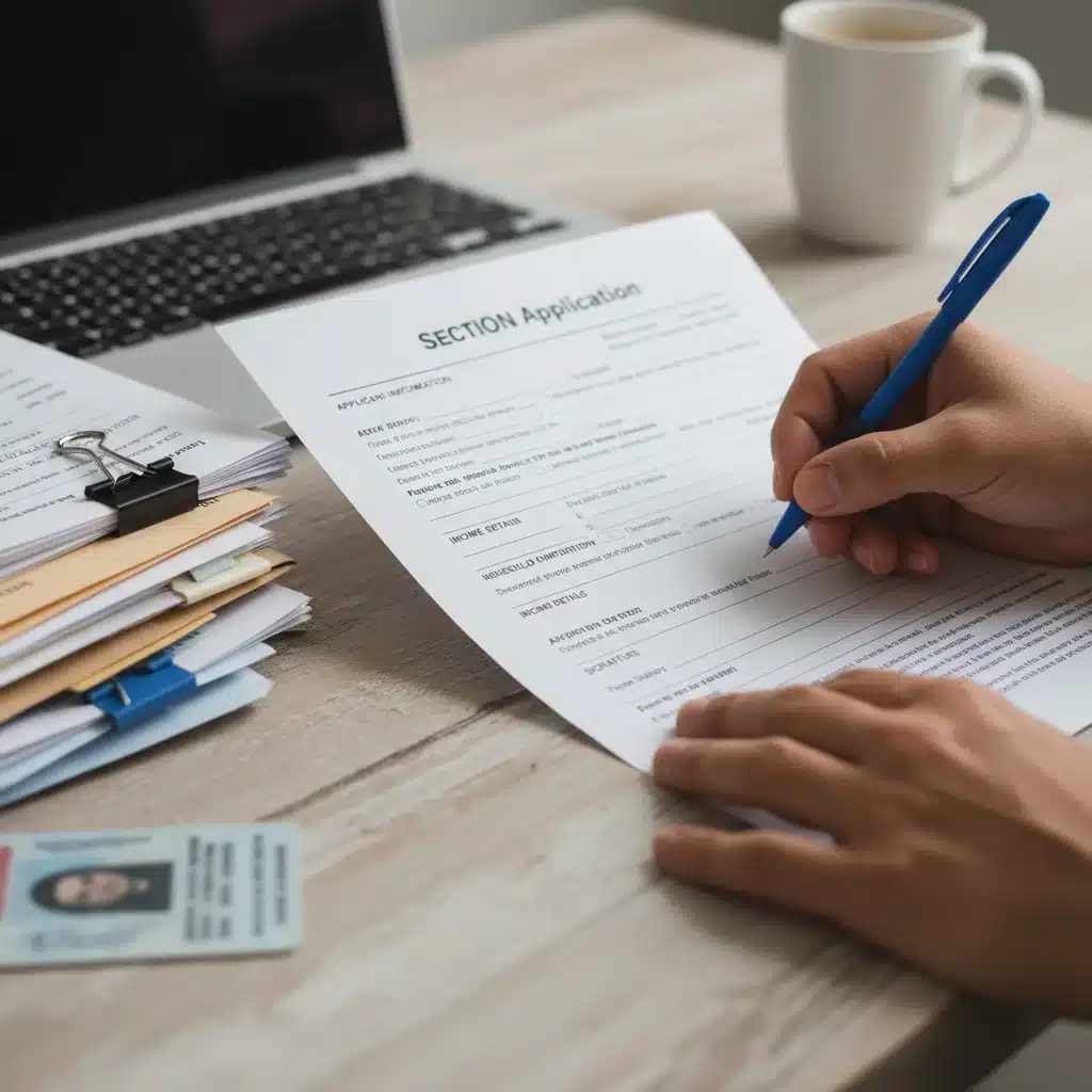 Hands filling out a Section 8 housing application form with pen and documents.