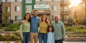 Family happily standing outside a modern apartment building, representing Section 8 housing stability.