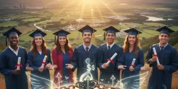 Students celebrating graduation with a backdrop of financial hope and debt relief.