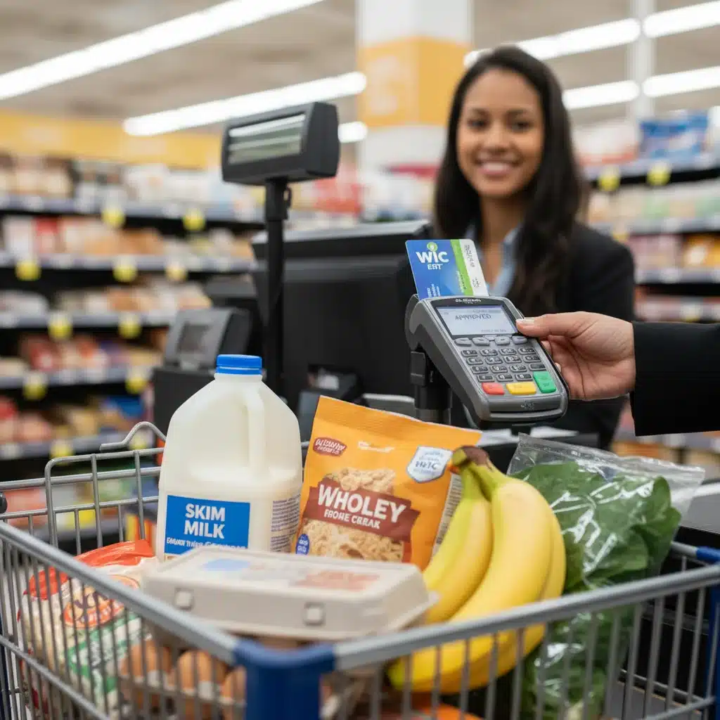 WIC EBT card used at grocery store checkout with healthy food items.