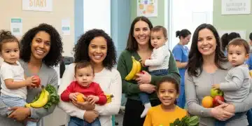 Diverse mothers and children with fresh produce at a WIC clinic, representing healthy families.