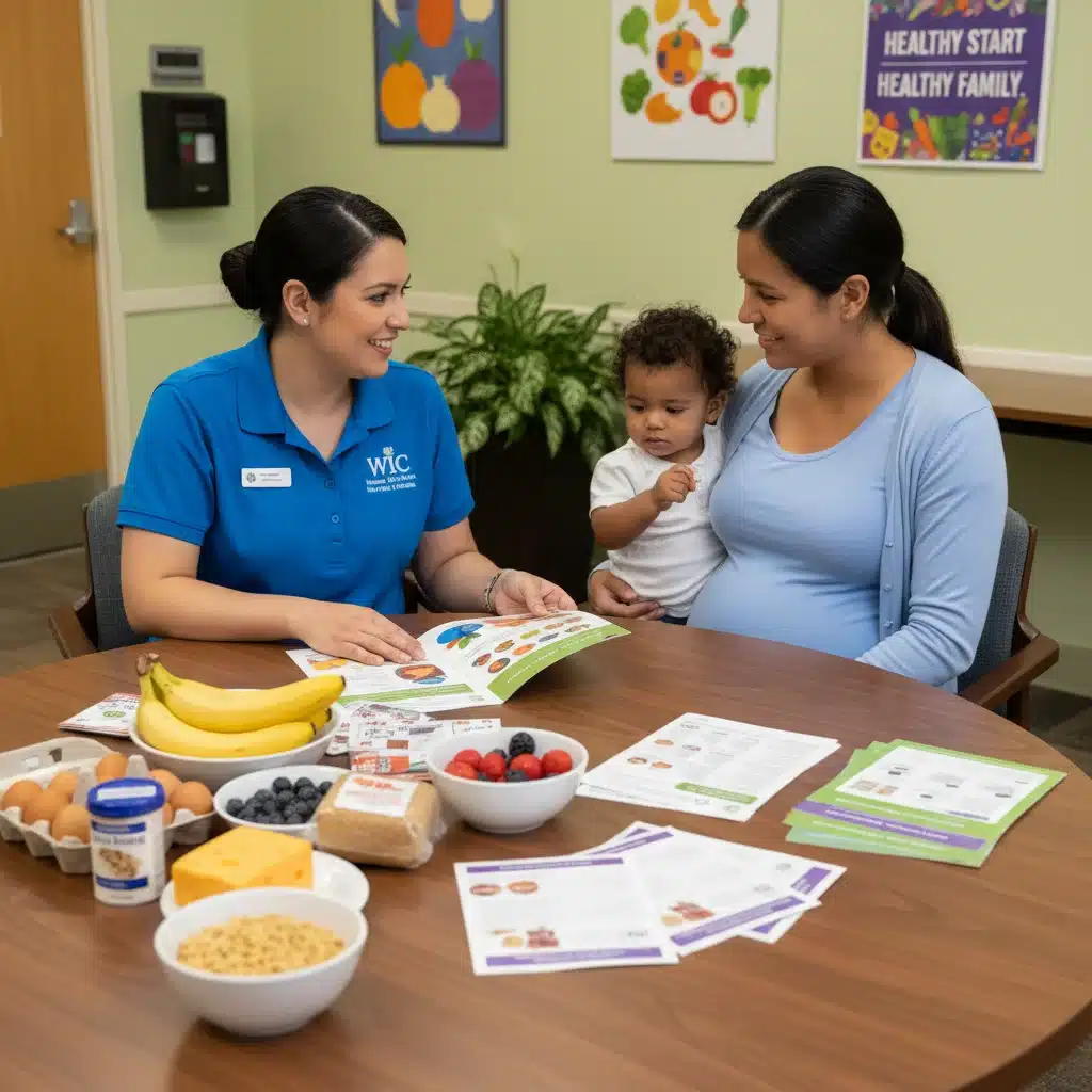 WIC nutritionist explaining food package options to an expectant mother and child.